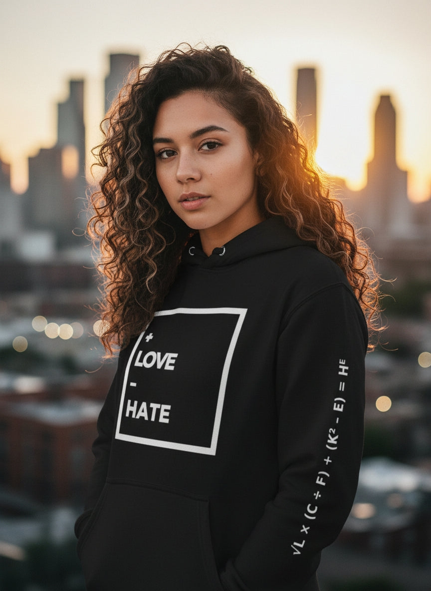 “+LOVE −HATE Mindset Hoodie — Wear the Equation.”