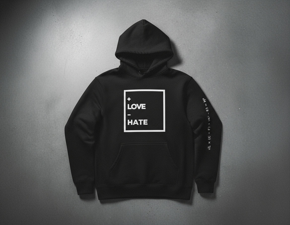 “+LOVE −HATE Mindset Hoodie — Wear the Equation.”
