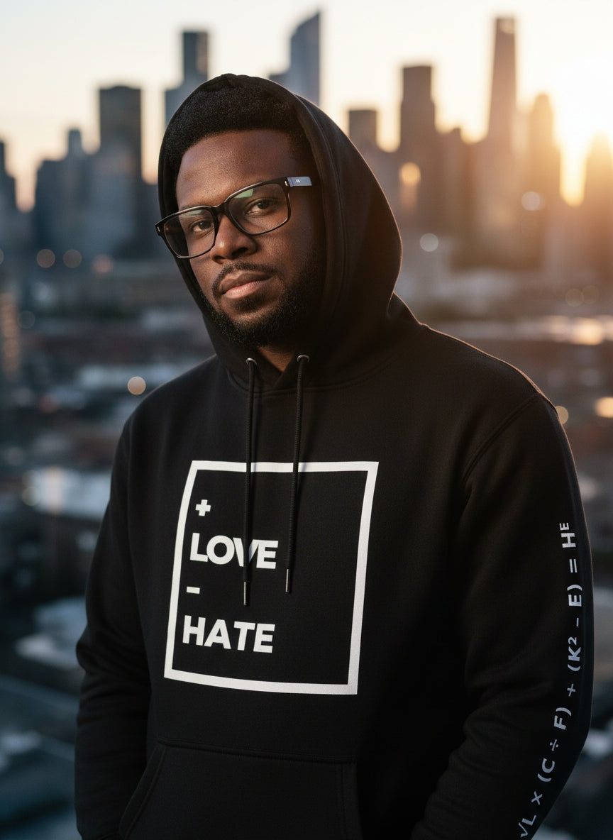 “+LOVE −HATE Mindset Hoodie — Wear the Equation.”