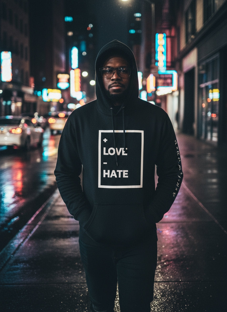 “+LOVE −HATE Mindset Hoodie — Wear the Equation.”