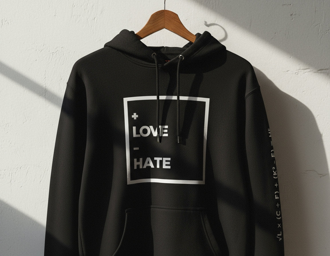 “+LOVE −HATE Mindset Hoodie — Wear the Equation.”